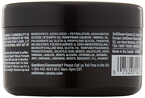 Back of black Sportin Waves Gel Pomade tin displaying full ingredient list and directions on dark container