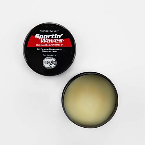 Open black Sportin Waves Gel Pomade tin revealing pale creamy yellow product texture next to the lid