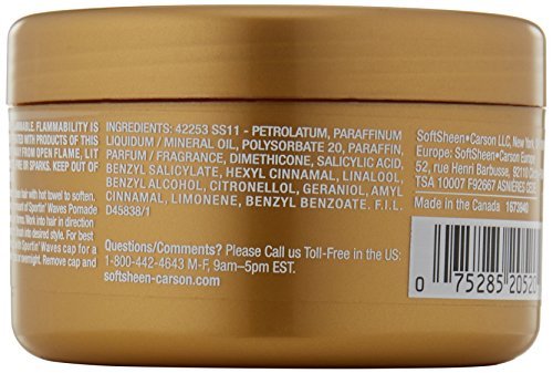 Back of gold Sportin Waves Maximum Hold Pomade tin showing ingredients caution and directions on label