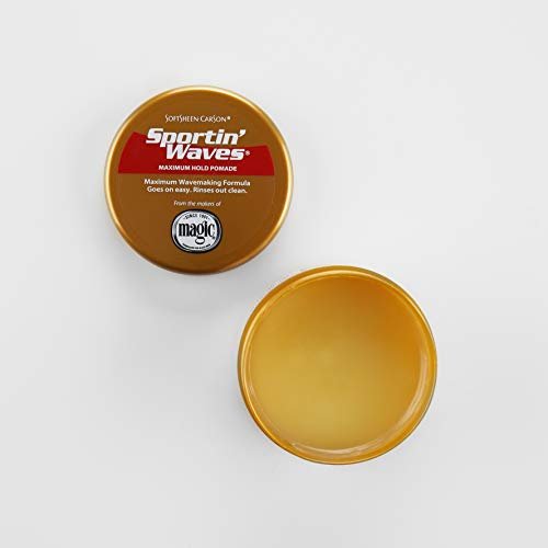 Open gold Sportin Waves pomade tin showing golden yellow product texture alongside lid on white background